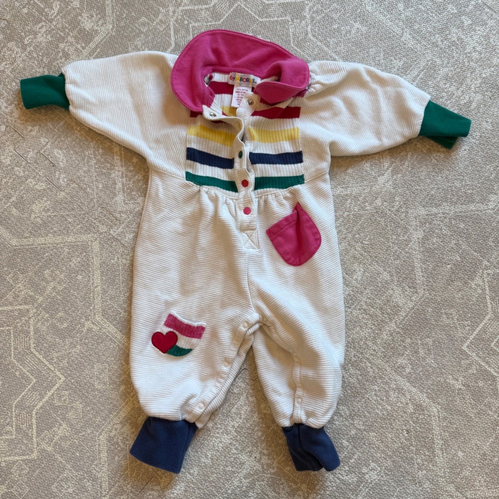 Vintage 90s Gymboree Romper Girld 6-12M White Rainbow Stripe Heart Ribbed Cotton
